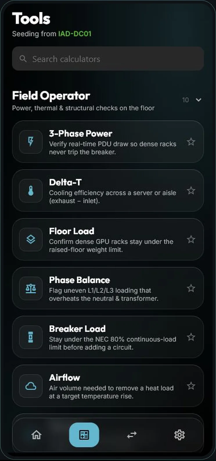 LoadSentry calculator catalog screenshot shown in a phone mockup.