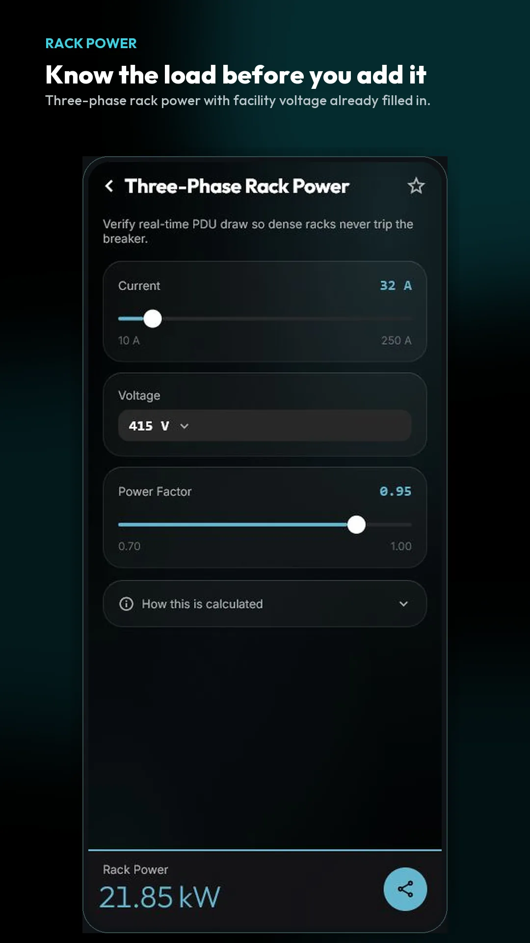 LoadSentry rack power calculator screenshot.