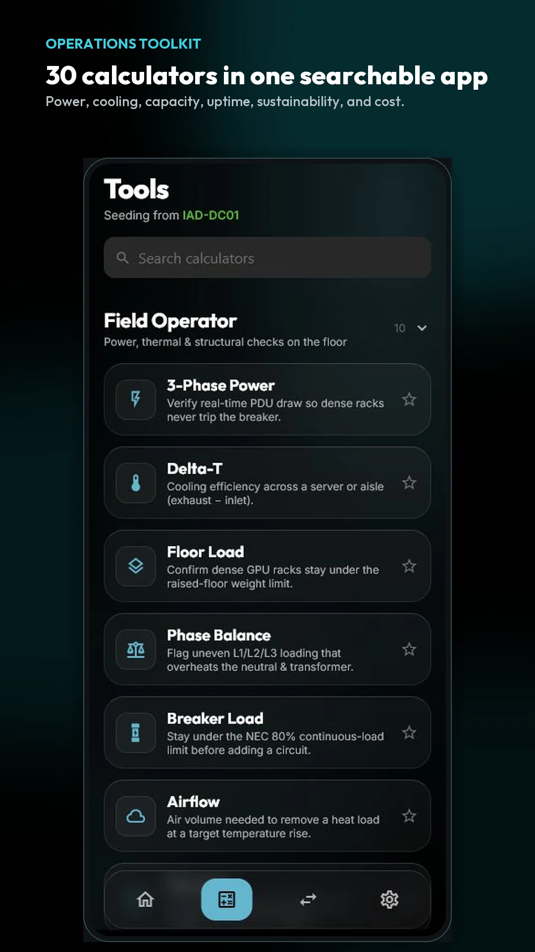 LoadSentry searchable calculator catalog screenshot.